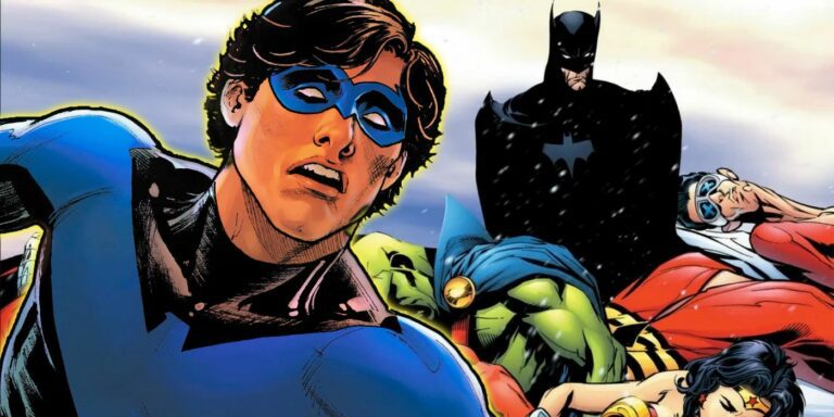 Nightwing looks horrified in front of Batman and the Justice League's heroes unconscious around him.