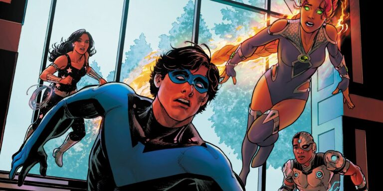 Nightwing, Donna Troy, Starfire and Cyborg rush toward a dead body on the cover of Titans #2 (2023).