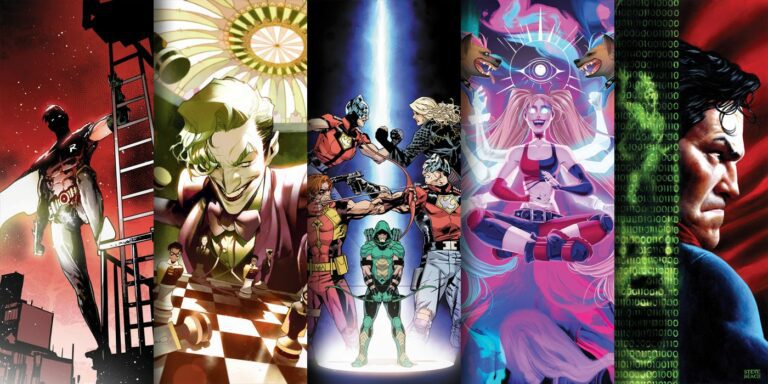 Cover art for new DC comics out June 27, 2023 features Robin, Joker, Green Arrow, Harley Quinn, Superman and more.