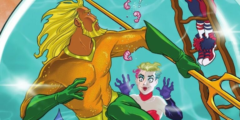 Harley Quinn moons over Aquaman in a fish bowl
