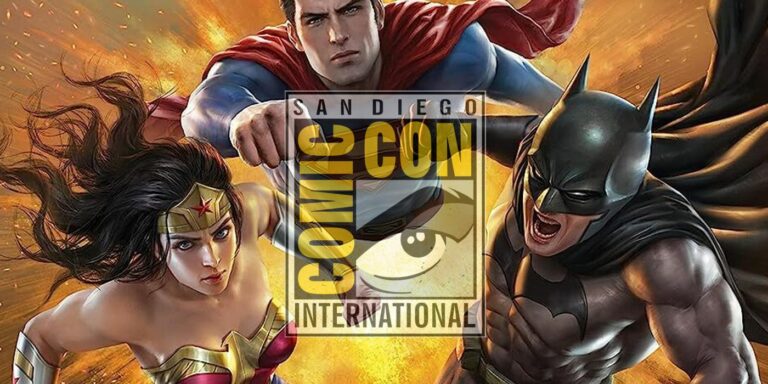 The DC Trinity (Superman, Wonder Woman and Batman) with the San Diego Comic-Con logo.