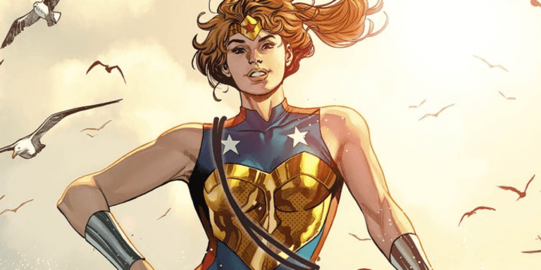 Wonder Woman's daughter Trinity standing and smiling amidst seagulls