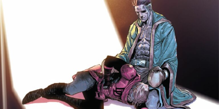 Matt Murdock in his Daredevil costume being cradled by his father's spirit.